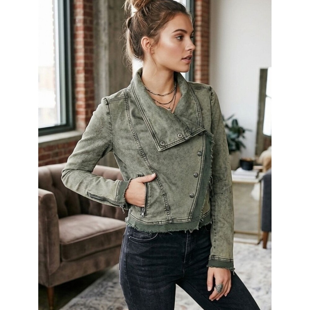 Free People Women's Jacket Sz XS Collapsing Twill Green Gray Acid Wash
